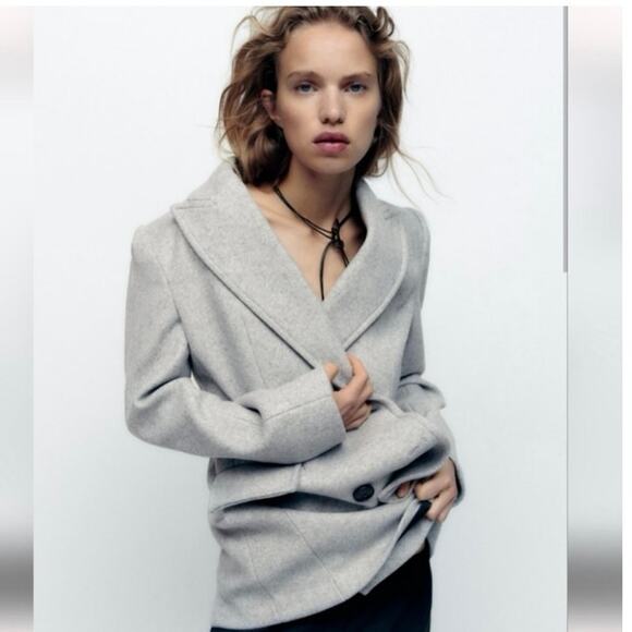 Zara Jacket Womens Medium Long Sleeve Shawl Lapel Double Breasted Blazer Gray - Picture 11 of 12